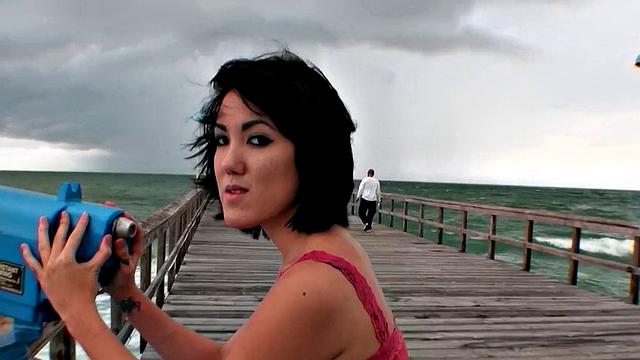 Brunette with a tattoo takes it hard from behind in a wild outdoor fuck session