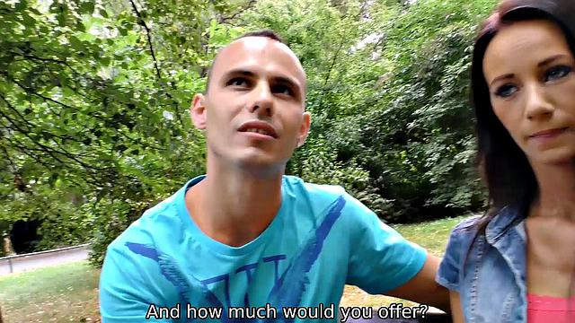 Brunette outdoors chick gets cumshot after hot sex with hunter