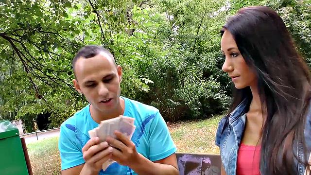 Brunette outdoors chick gets cumshot after hot sex with hunter