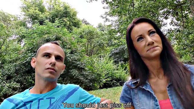 Brunette outdoors chick gets cumshot after hot sex with hunter