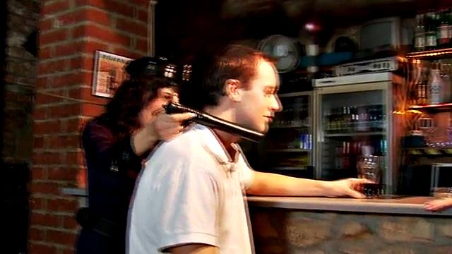 Uniformed dominas pegging and spanking sissy bartender's ass