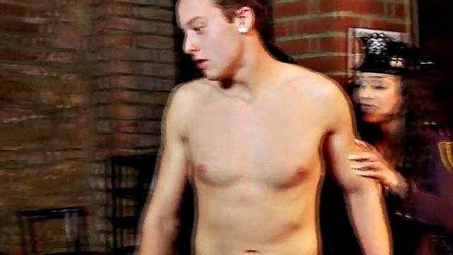 Uniformed dominas pegging and spanking sissy bartender's ass