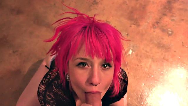 Pink hair deepthroat GF sucks cock in amateur POV
