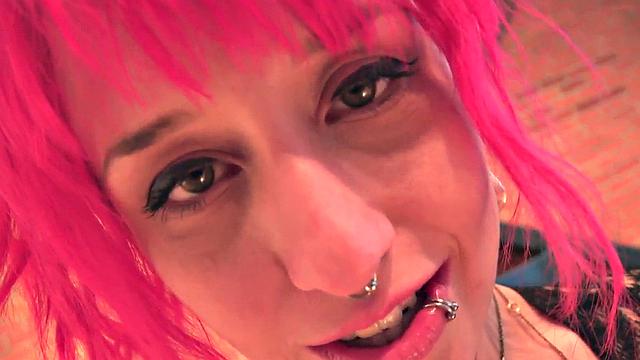 Pink hair deepthroat GF sucks cock in amateur POV