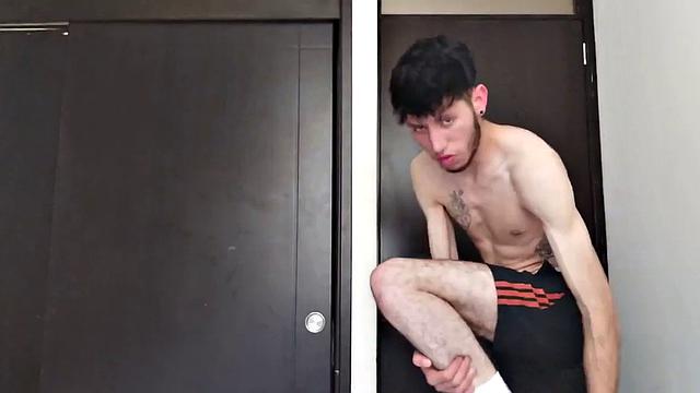 Pervert Boy is back and this time stands as clothes strip off, big uncut cock gets stiff. The skinny young man makes good use of a mirror, jerks off for us.