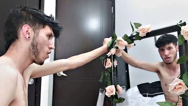 Pervert Boy is back and this time stands as clothes strip off, big uncut cock gets stiff. The skinny young man makes good use of a mirror, jerks off for us.