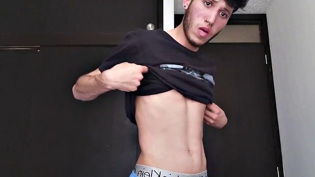 Pervert Boy is back and this time stands as clothes strip off, big uncut cock gets stiff. The skinny young man makes good use of a mirror, jerks off for us.
