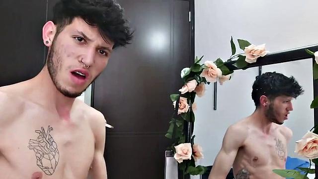 Pervert Boy is back and this time stands as clothes strip off, big uncut cock gets stiff. The skinny young man makes good use of a mirror, jerks off for us.