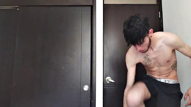 Pervert Boy is back and this time stands as clothes strip off, big uncut cock gets stiff. The skinny young man makes good use of a mirror, jerks off for us.
