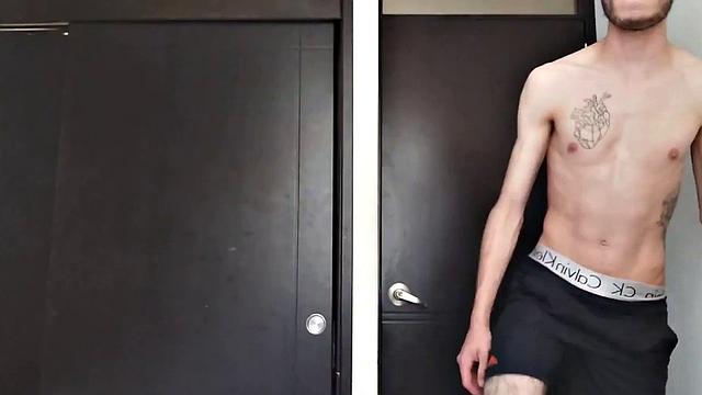 Pervert Boy is back and this time stands as clothes strip off, big uncut cock gets stiff. The skinny young man makes good use of a mirror, jerks off for us.