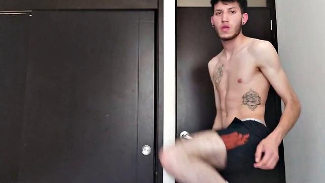 Pervert Boy is back and this time stands as clothes strip off, big uncut cock gets stiff. The skinny young man makes good use of a mirror, jerks off for us.