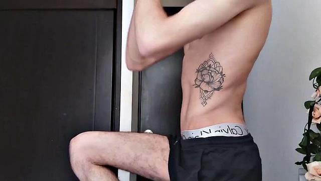 Pervert Boy is back and this time stands as clothes strip off, big uncut cock gets stiff. The skinny young man makes good use of a mirror, jerks off for us.