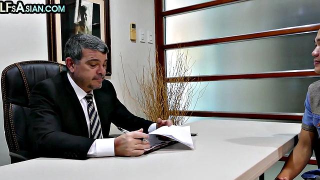 Skinny office Asian twink fucked by DILF in anal