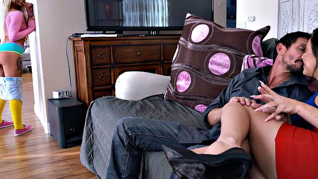 Stepmom with huge tits teaches stepson to ride & suck in wild threesome