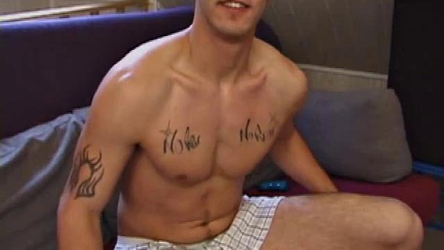 After work, Ryan cues up a porn video and begins stripping off his clothes. He's totally into himself and poses for the camera.