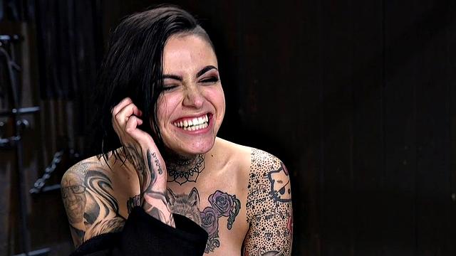 Clothespinned inked BDSM slut whipped and toyed with