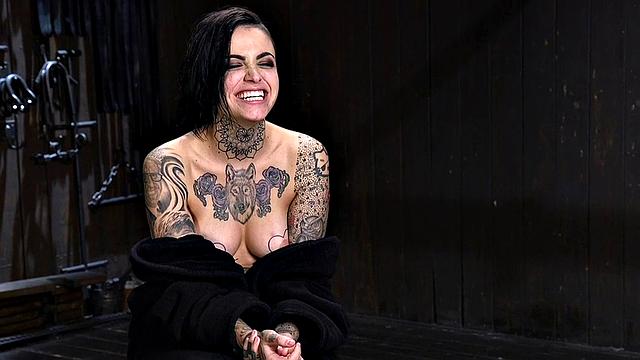 Clothespinned inked BDSM slut whipped and toyed with