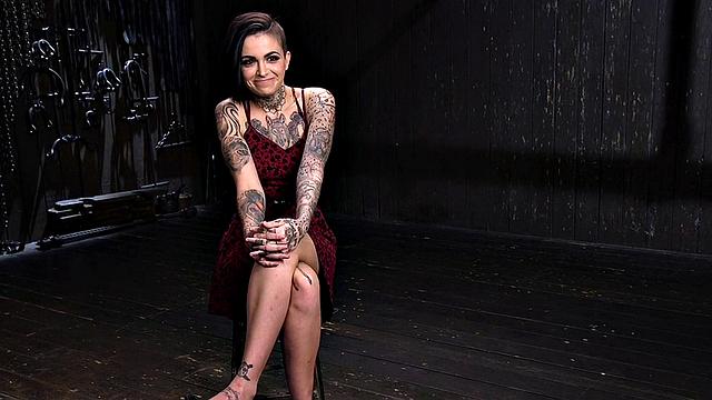 Clothespinned inked BDSM slut whipped and toyed with