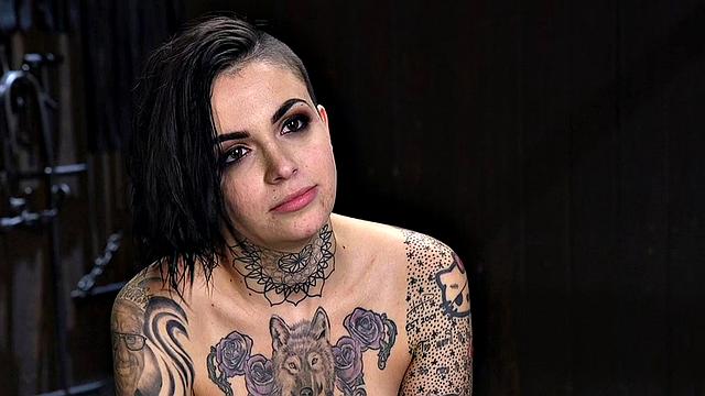 Clothespinned inked BDSM slut whipped and toyed with