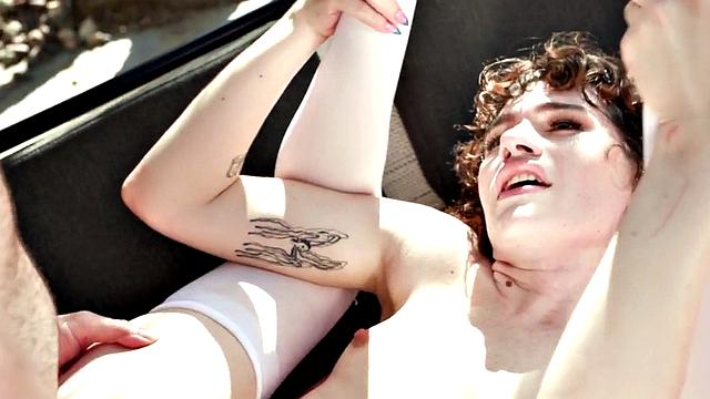 TS inked babe sucks before analfucking in doggy style outdoors