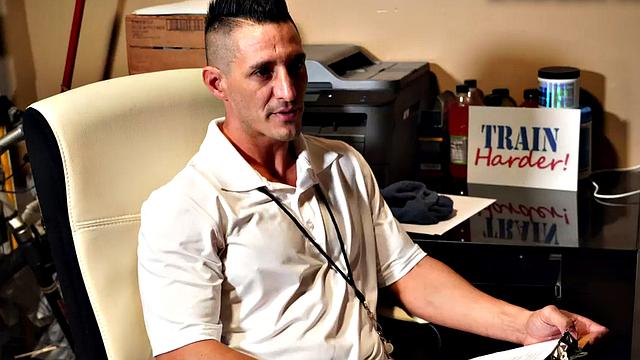 A tattooed gym coach bareback and lick Jock's ass in a wild cowgirl ride