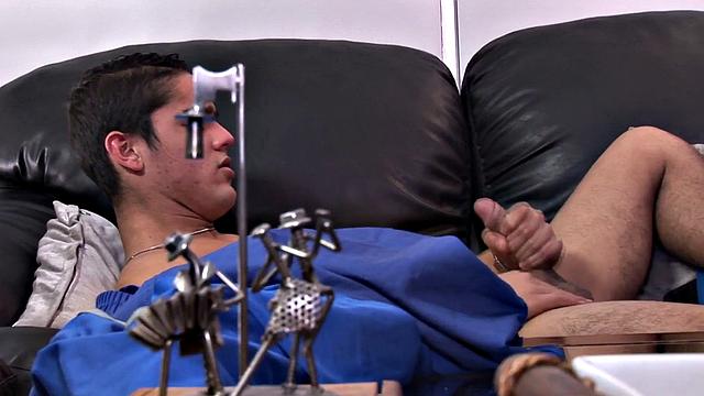 Masturbating Latino sprays jizz in solo action