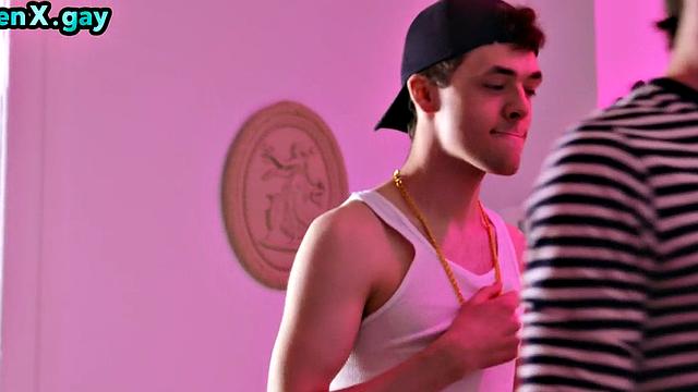 Skinny twink fucked at party by manly stud with perfect abs