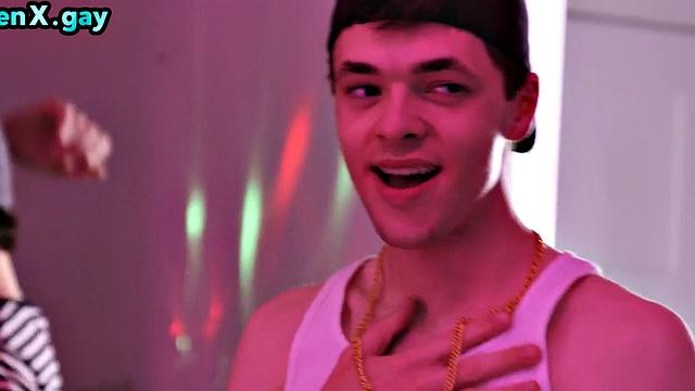 Skinny twink fucked at party by manly stud with perfect abs