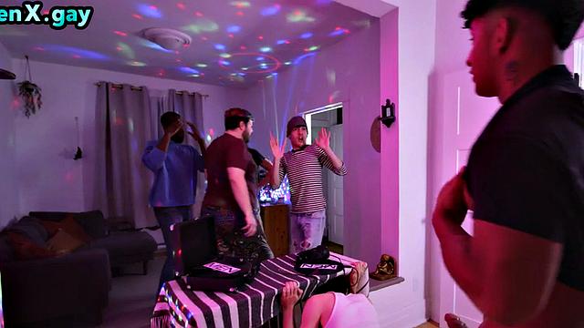 Skinny twink fucked at party by manly stud with perfect abs