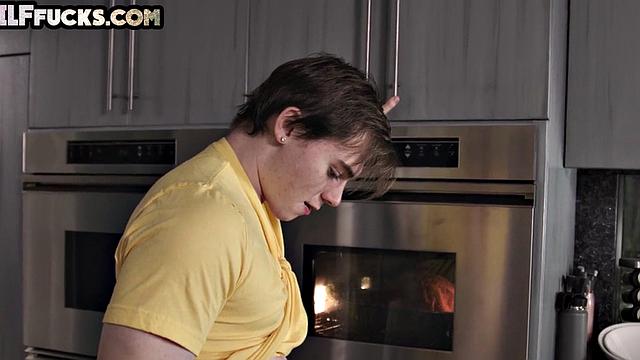 GILF with huge tits fucked doggystyle on kitchen table