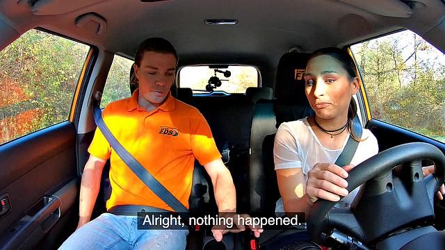 Tattooed brunette fucks for license