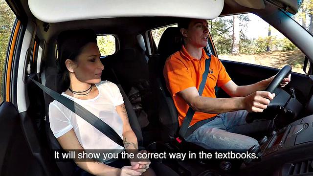 Tattooed brunette fucks for license