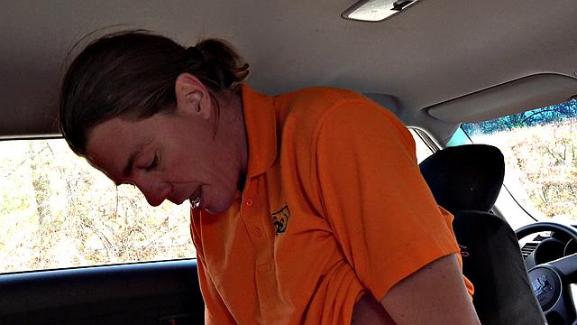 Tattooed brunette fucks for license