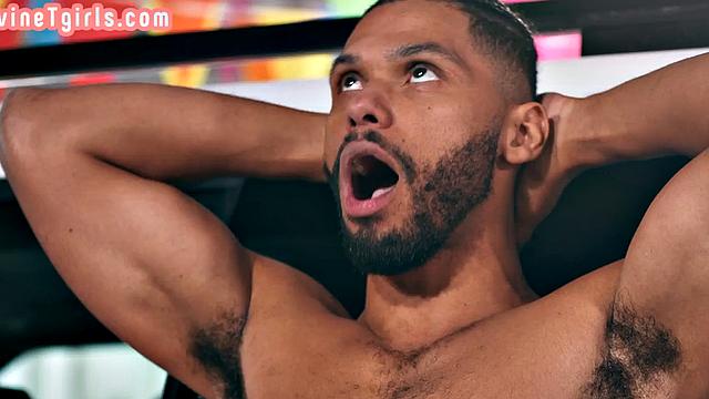 Auburn tgirl enjoys interracial sex