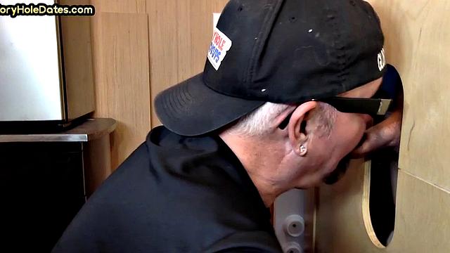 Gloryhole DILF sucks cock for warm mouthful ending