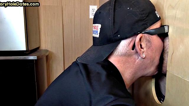 Gloryhole DILF sucks cock for warm mouthful ending