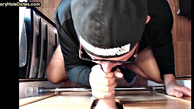 Gloryhole DILF sucks cock for warm mouthful ending