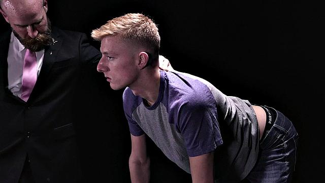 Skinny obedient twink fucked by tattooed DILF