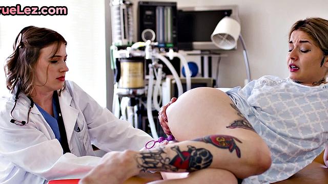 Big-titted lesbian nurse assfingered by anal-toyed babe