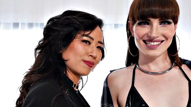 Submissive TS licks Asian domina's feet and gets strapon fucked