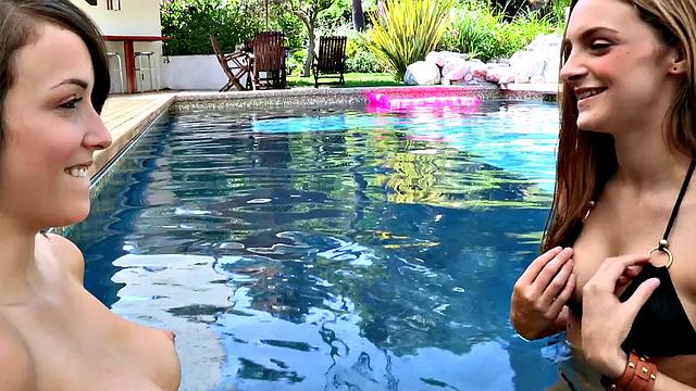 Petite Brunette with Natural Tits and Shaved Pussy Gets Pounded in Outdoor Pool