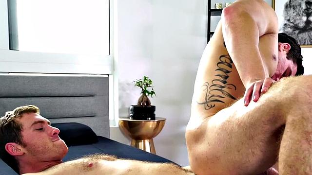 Bisexual BF fucks GF before his lovers ass in bedroom