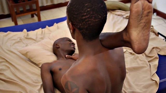 Inked Ebony shoots cum after barebacking couple