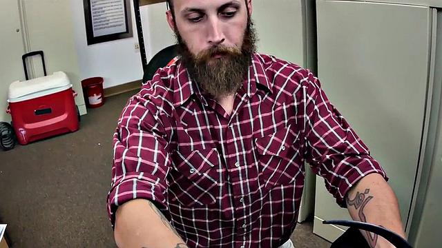 Black top bangs white crack of tattooed gay in office