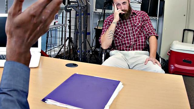 Black top bangs white crack of tattooed gay in office