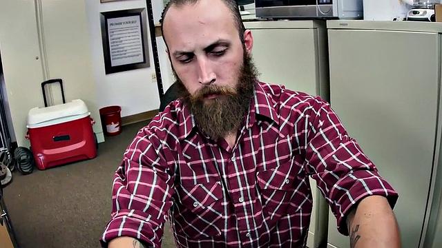 Black top bangs white crack of tattooed gay in office