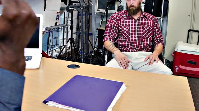 Black top bangs white crack of tattooed gay in office