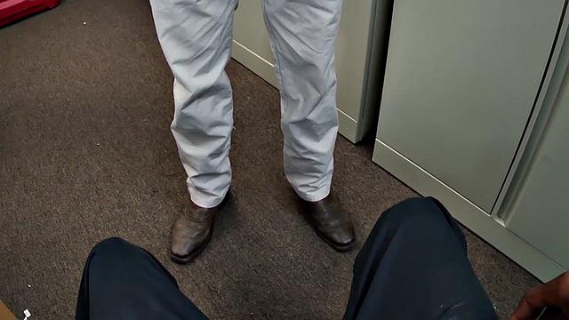 Black top bangs white crack of tattooed gay in office