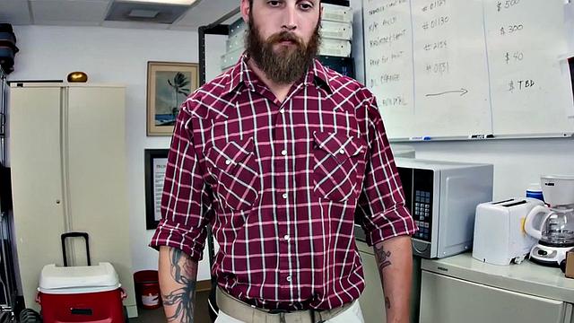 Black top bangs white crack of tattooed gay in office