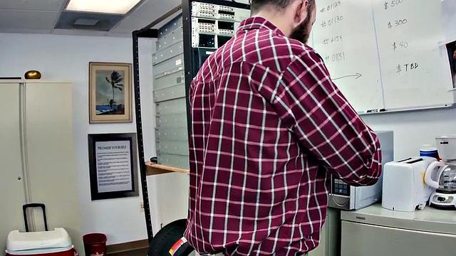 Black top bangs white crack of tattooed gay in office